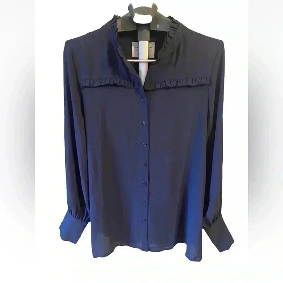 Evy's‎ Tree The Madison Navy Blue Ruffle Long Sleeve Blouse Shirt Size M New - Picture 2 of 4